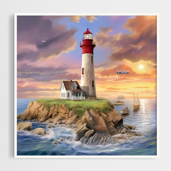 8x8 Lighthouse Majestic Sunset‎ Landscape Scene Watercolor Oil Painting - Picture 1 of 5